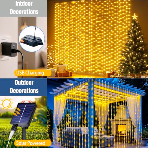 Curtain Lights Outdoor 10x10Ft 300LED Hanging Solar Lights with Solar & USB-C Charging 13 Modes Dimmable Waterproof Remote Twinkle Fairy String Light for Gazebo Patio Christmas Yard Pavilion Pergola