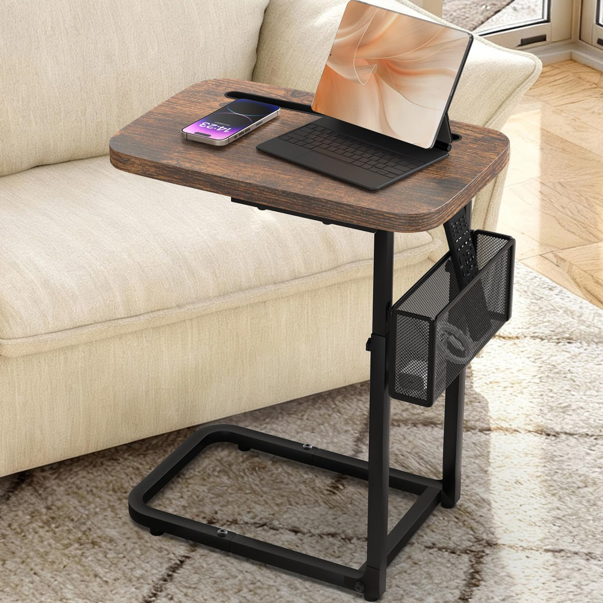 C Table End Table Adjustable Height,TV Tray Table with Storage Baskets