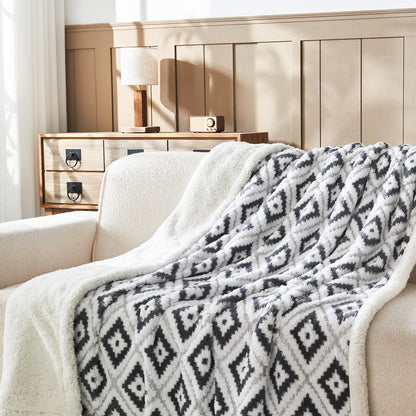 Lotus Karen Sherpa Throw Blankets for Couch Thick and Warm Blanket for Winter Soft Fuzzy Cozy Fluffy Blanket for Sofa Diamond Jacquard Grey 50"x60"