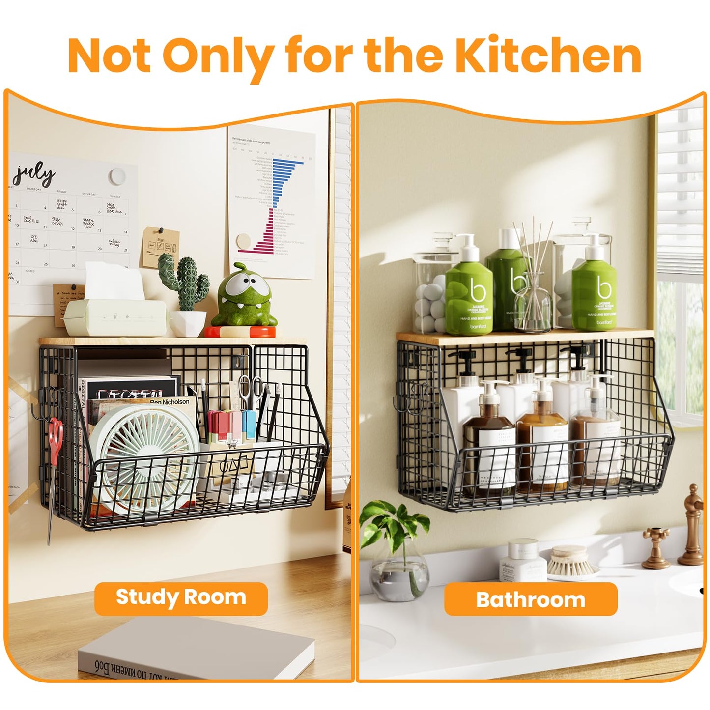 Goovilla Wire Fruit Basket Metal, Kitchen Hanging Fruit Bowl with 3 Banana Hanger, Kitchen Countertop Rack with Wood Lid, Wall mounted Storage Baskets for Vegetables, Bread