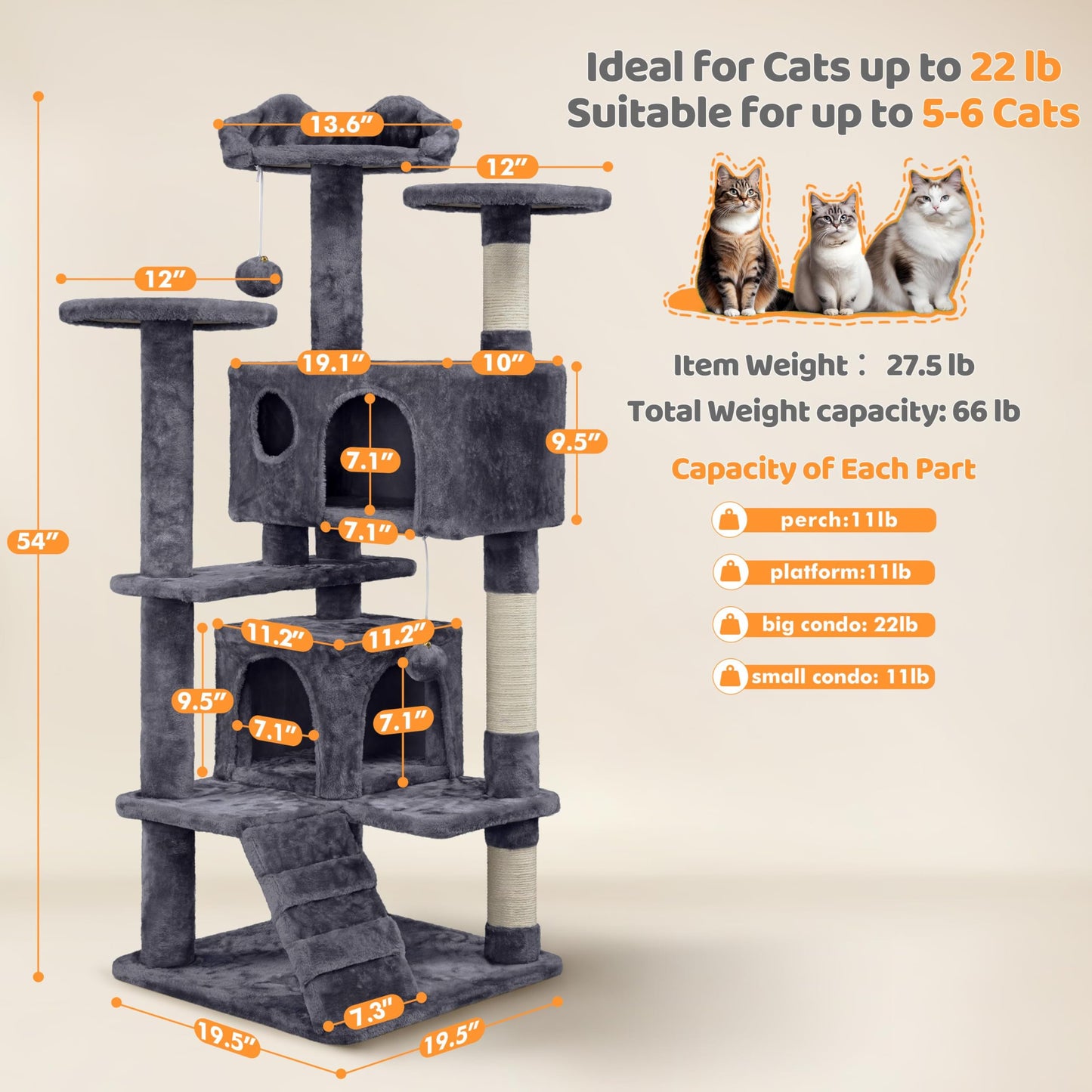 Yaheetech 54in Cat Tree, Multi-Level Cat Tower with Spacious Kitten-ear Perch, 2 Cozy Caves, Scratching Posts, Climbing Ladder, 2 Plush Balls, Durable Pet House Furniture for Indoor Kittens, Dark Gray