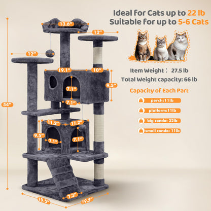 Yaheetech 54in Cat Tree, Multi-Level Cat Tower with Spacious Kitten-ear Perch, 2 Cozy Caves, Scratching Posts, Climbing Ladder, 2 Plush Balls, Durable Pet House Furniture for Indoor Kittens, Dark Gray