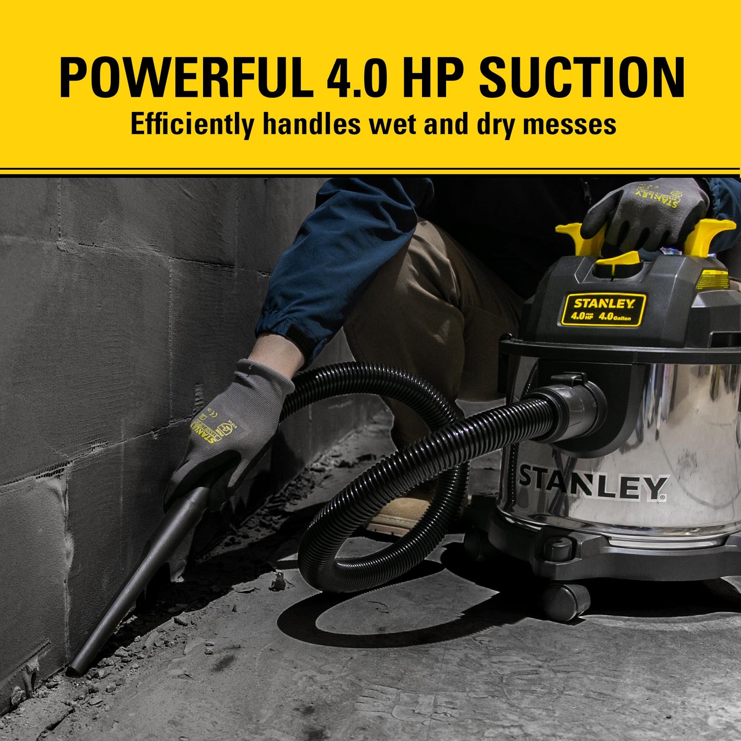 Stanley 4 Gallon Wet Dry Vacuum, 4 Peak HP Stainless Steel 3 in 1 Shop Vacuum Blower with Powerful Suction, for Job Site, Garage, Basement, Model: SL18301-4B