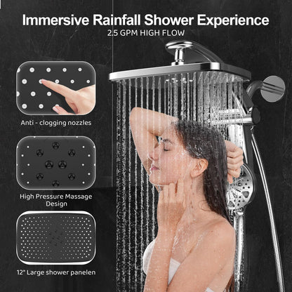 Rain Shower Head with Handheld High Pressure Rainfall Shower Heads with Handheld Spray Combo Adjustable one-piece Stand daul Shower Head Built-in Magnetic Docking and Power Jets（Sliver）