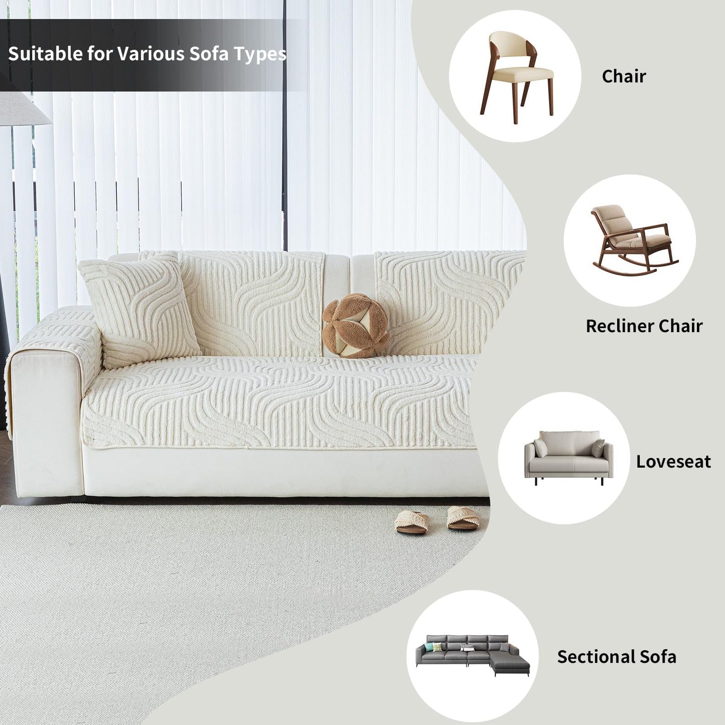 TTG Soft Plush Sofa Cushion Cover, Housse Divan Non-Slip Couch Seat Cover with Textured Wave Design, Thick Washable Furniture Protector for Living Room, Pet Friendly, All Season Use
