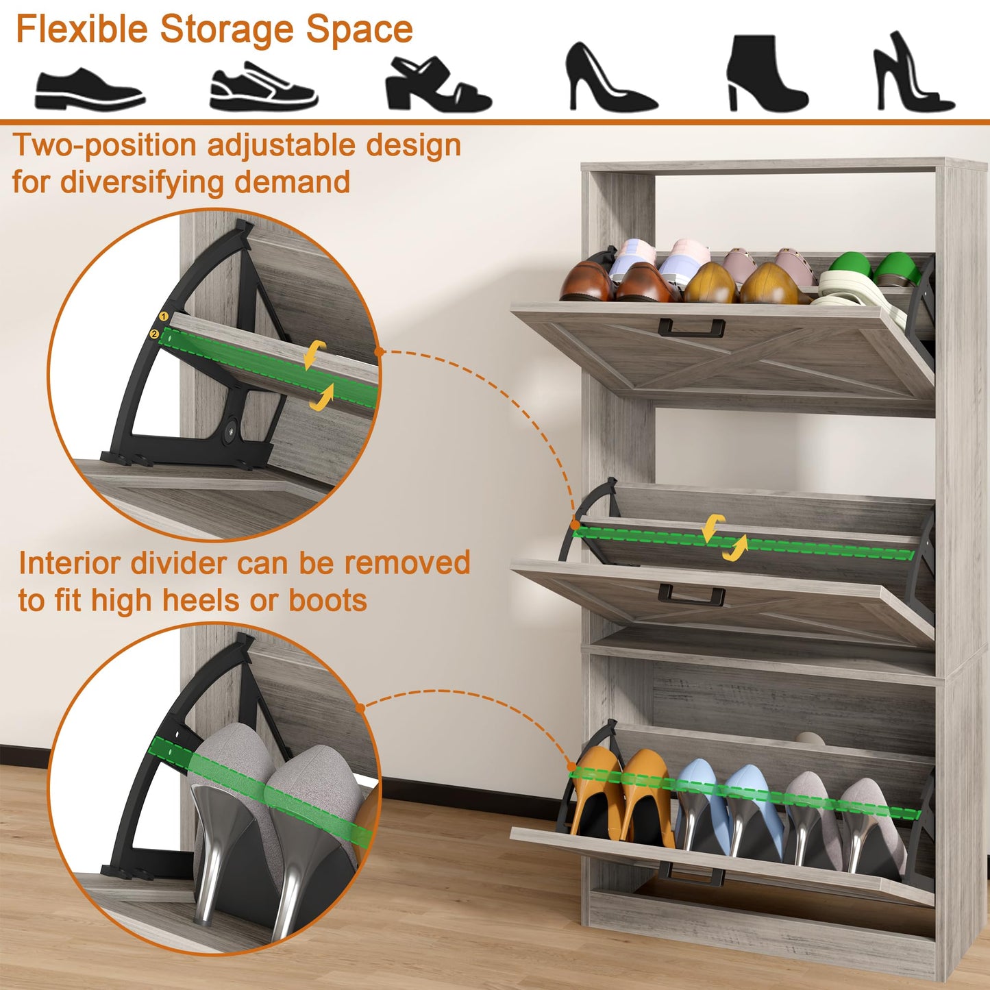 HOMEFORT Shoe Storage Cabinet for Entryway,24" Slim Shoe Organizer with 3 Flip Drawers, Narrow Shoe Rack for Front Door Entrance Washed Gray