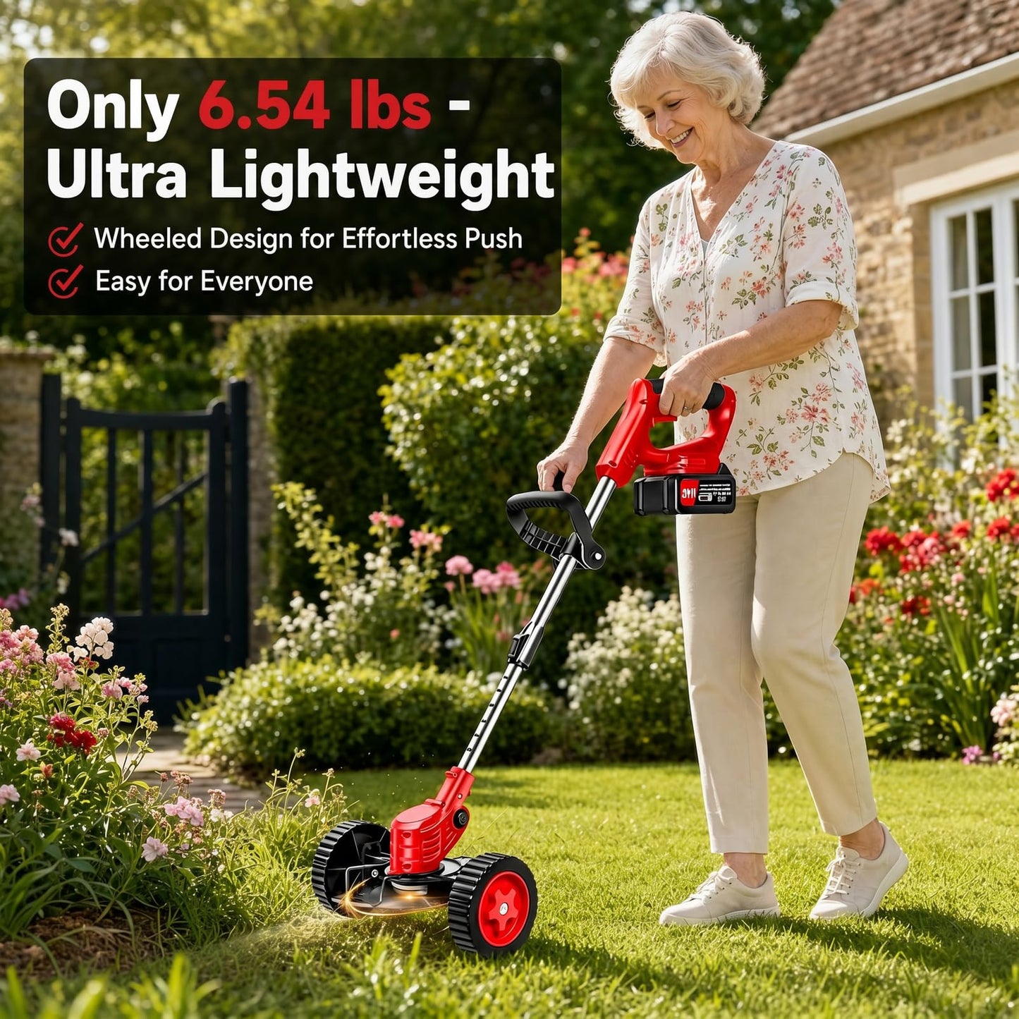 21V Cordless Weed Wacker for Women Seniors Lightweight Grass Trimmer – Includes 2 Batteries and Wheels 3-in-1 Weed Trimmer Edger Brush Cutter for Thick Grass, Small Yards, Gardens, and Fences