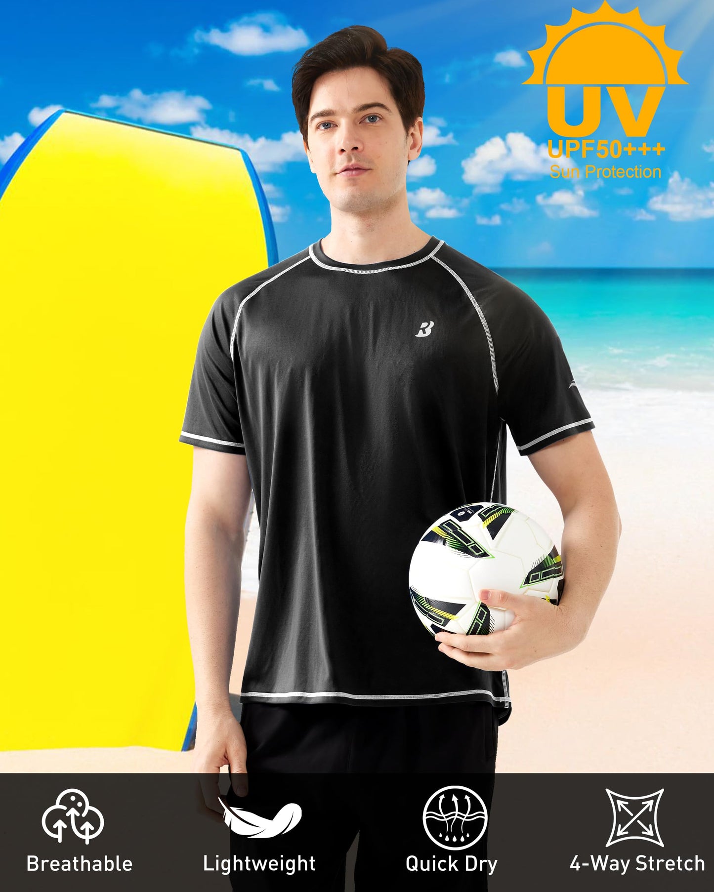 Roadbox Mens UPF 50+ Swim Shirt, Short Sleeve UV Sun Protection Rash Guard, Quick Dry Water T-Shirt Surf Running Workout Tee