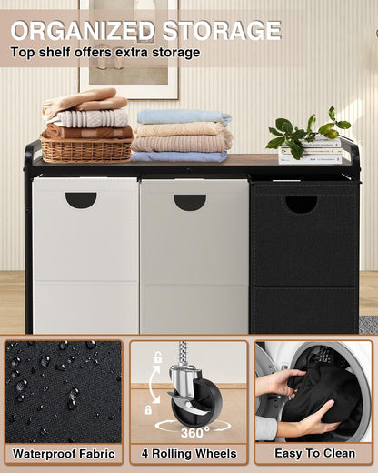 Laundry Basket with Wheels, Laundry Organizer with Large Wooden Desktop Sorter, Laundry Sorter with 3×15.8 Gal (60L) 900D Oxford Fabric Laundry Bags, Laundry Hamper 3 Section (Black-Gray-White-New)