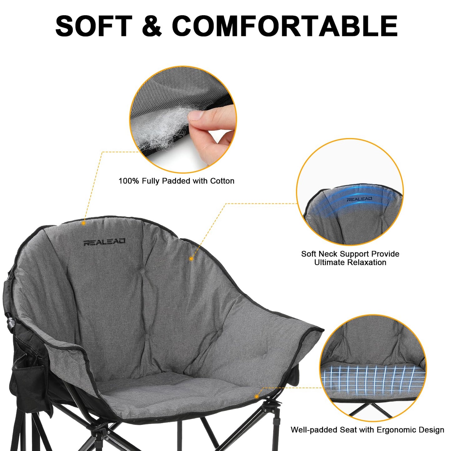 REALEAD Camping Chairs for Adults - Comfy Camping Chair with Fully Padded - Oversized Camp Chairs for Outside Support 400lbs - Folding Lawn Chairs for Outdoor Sporting Events