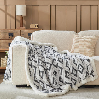 Lotus Karen Sherpa Throw Blankets for Couch Thick and Warm Blanket for Winter Soft Fuzzy Cozy Fluffy Blanket for Sofa Diamond Jacquard Grey 50"x60"