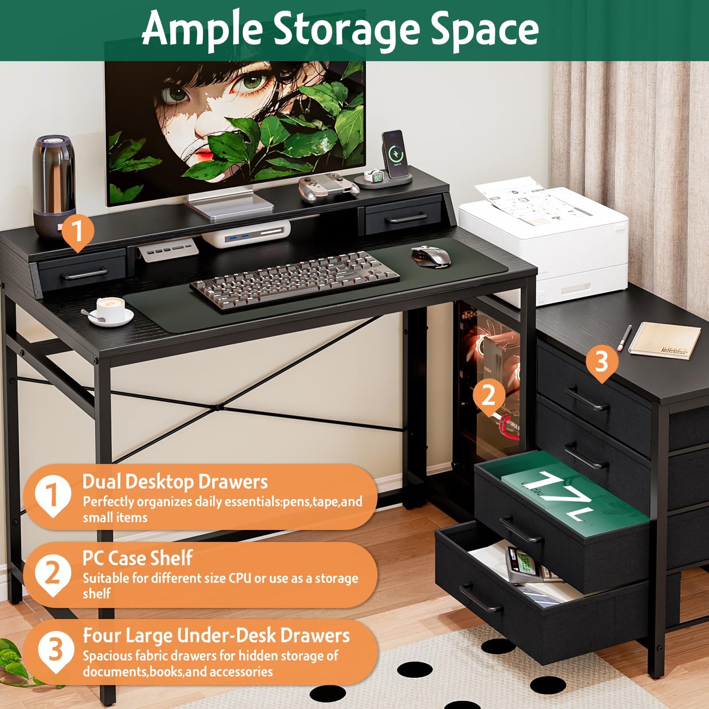 L Shaped Computer Desk with 4 Drawers Reversible Side Storage Shelves 39.3 Inch Office Corner Desk Computer Table Writing Study Table for Home Office Bedroom Small Space