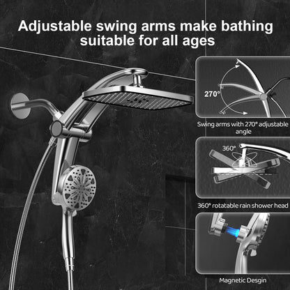 Rain Shower Head with Handheld High Pressure Rainfall Shower Heads with Handheld Spray Combo Adjustable one-piece Stand daul Shower Head Built-in Magnetic Docking and Power Jets（Sliver）