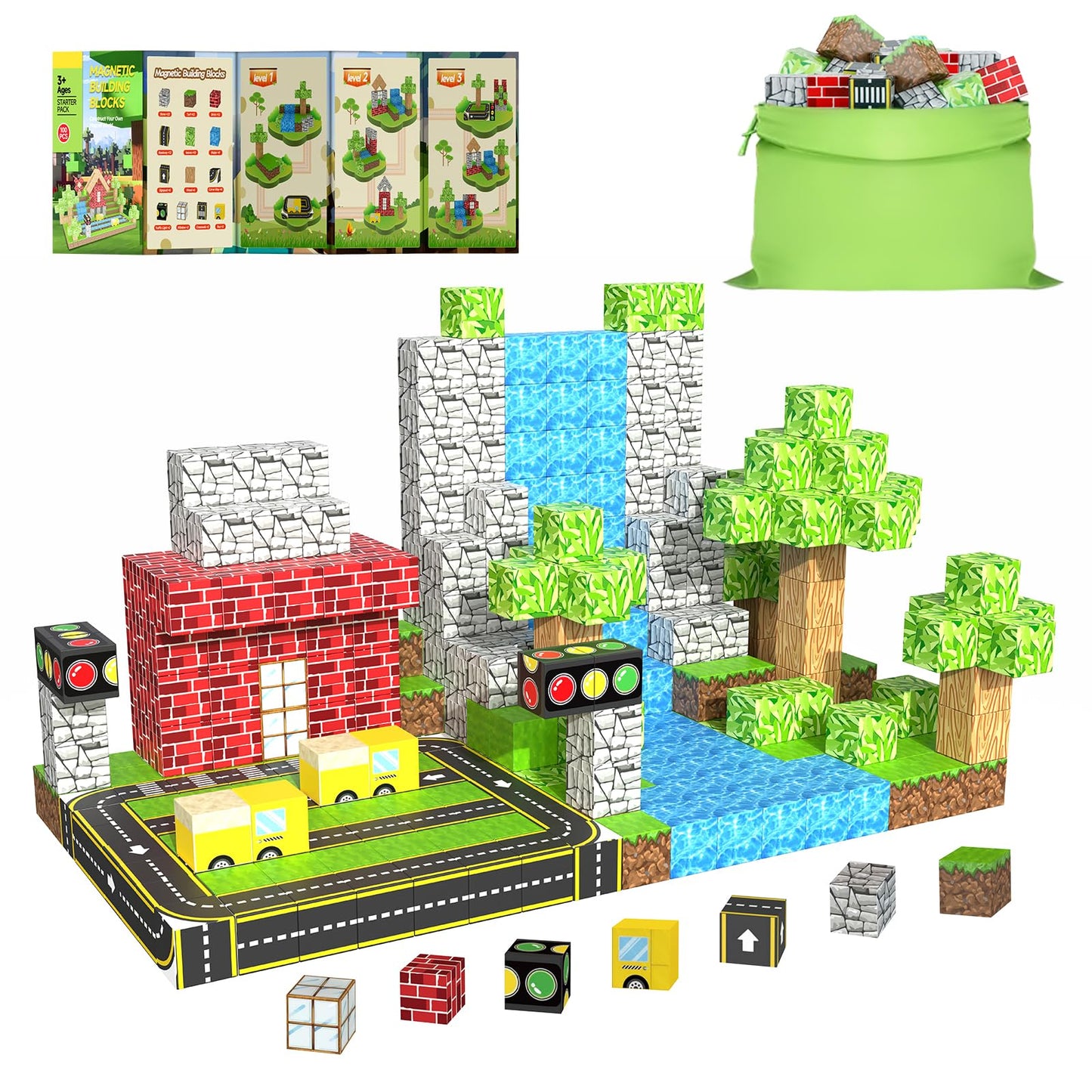 Magnetic Blocks, Magnetic Building Blocks for Kids Age 3+, Mine World Build Set, STEM Toys Road Construction Toy Magnetic Cubes with Car for Kids, Christmas Birthday Gift for Boys Girls