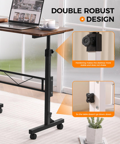 Small Standing Desk Adjustable Height 32 Inch Mobile Sit Stand up Desk Portable Rolling with Wheels Standing for Walking pad Treadmill Rustic