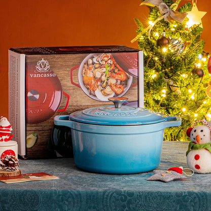 vancasso Enameled Cast Iron Dutch Oven, 6 QT Oven Pot with Lid, Round Enamel for Bread Baking, Non Stick Coating, Pot's Body Iron, Good Sealing, All Heat Source, Blue