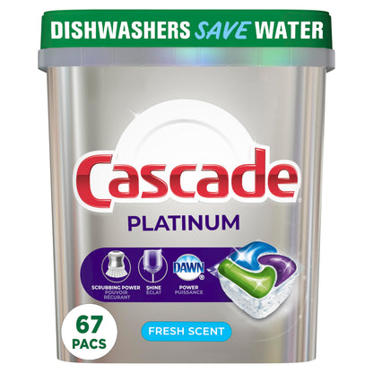 Cascade Platinum ActionPacs Dishwasher Detergent Pods, Fresh, 67 Count