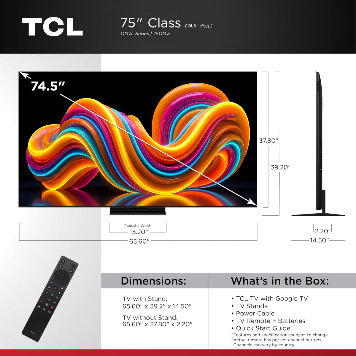 TCL 75” QM7L Series Smart SQD-Mini LED TV with Google TV, TCL Deep Color System with 1 Super QLED and 100% BT2020 Color, Local Dimming Ultra, High Brightness Ultra, and Audio by Bang & Olufsen (2026)