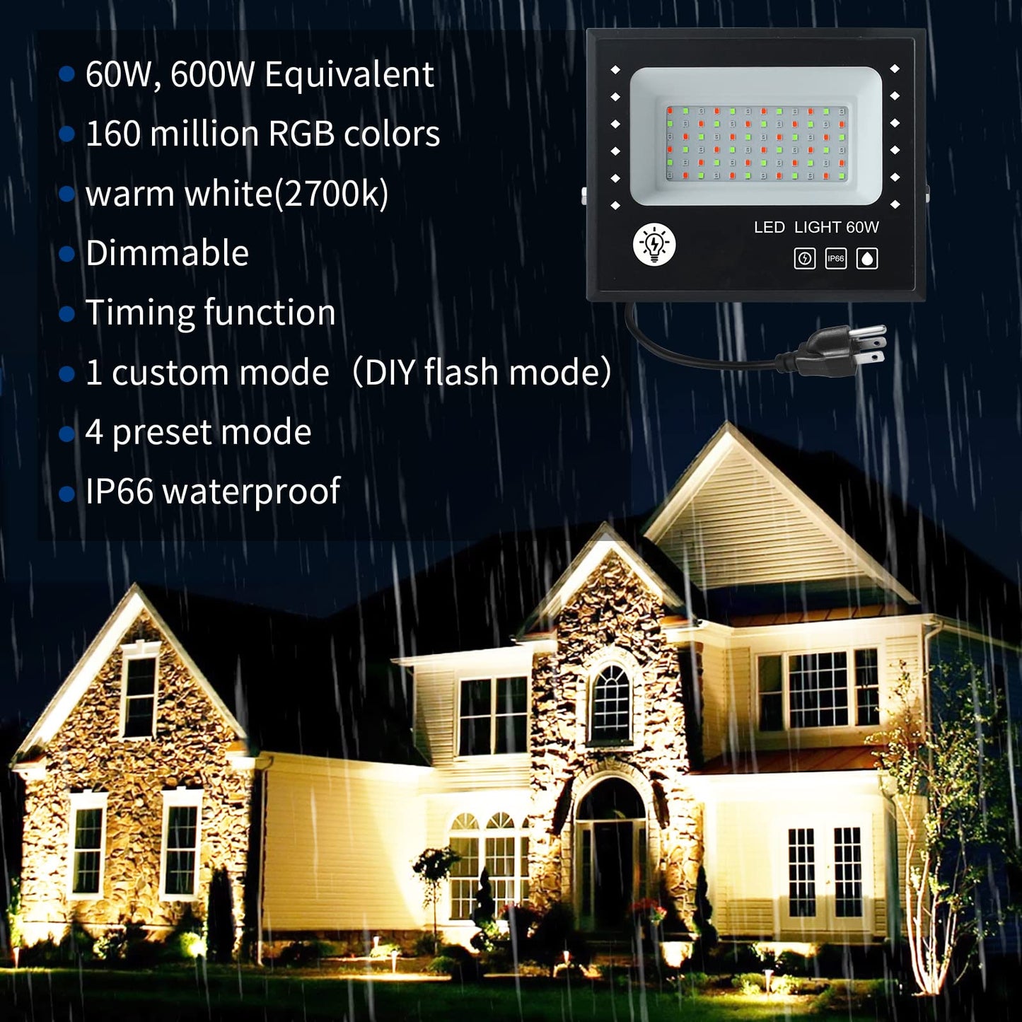 Led Flood Light Outdoor 600W Equivalent 6000LM, RGB Color Changing Floodlight with APP Control, Bluetooth RGB Smart Floodlights 16 Million Colors & 2700K, DIY Scenes-Timing-Music Sync, IP66,US 3-Plug