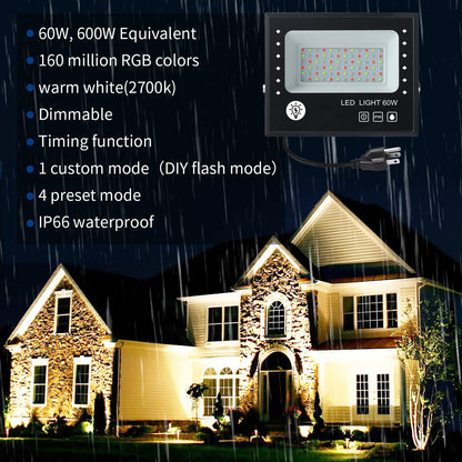 Led Flood Light Outdoor 600W Equivalent 6000LM, RGB Color Changing Floodlight with APP Control, Bluetooth RGB Smart Floodlights 16 Million Colors & 2700K, DIY Scenes-Timing-Music Sync, IP66,US 3-Plug