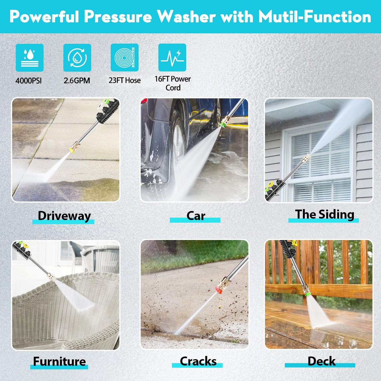 Electric Pressure Washer, 4000PSI High Pressure Washer with 23ft Outlet Hose & 4 Quick Nozzles, 2.6GPM Power Washer with Soap Cannon, Great for Cleaning Car, Siding, Driveways, Fencing