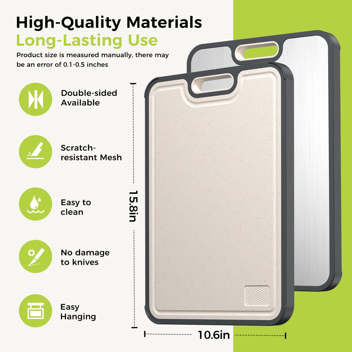 Titanium Cutting Board for Kitchen, Cutting Board Double Sided Food Grade, Pure Titanium/PP, Easy to Clean Large Size 16”×10”