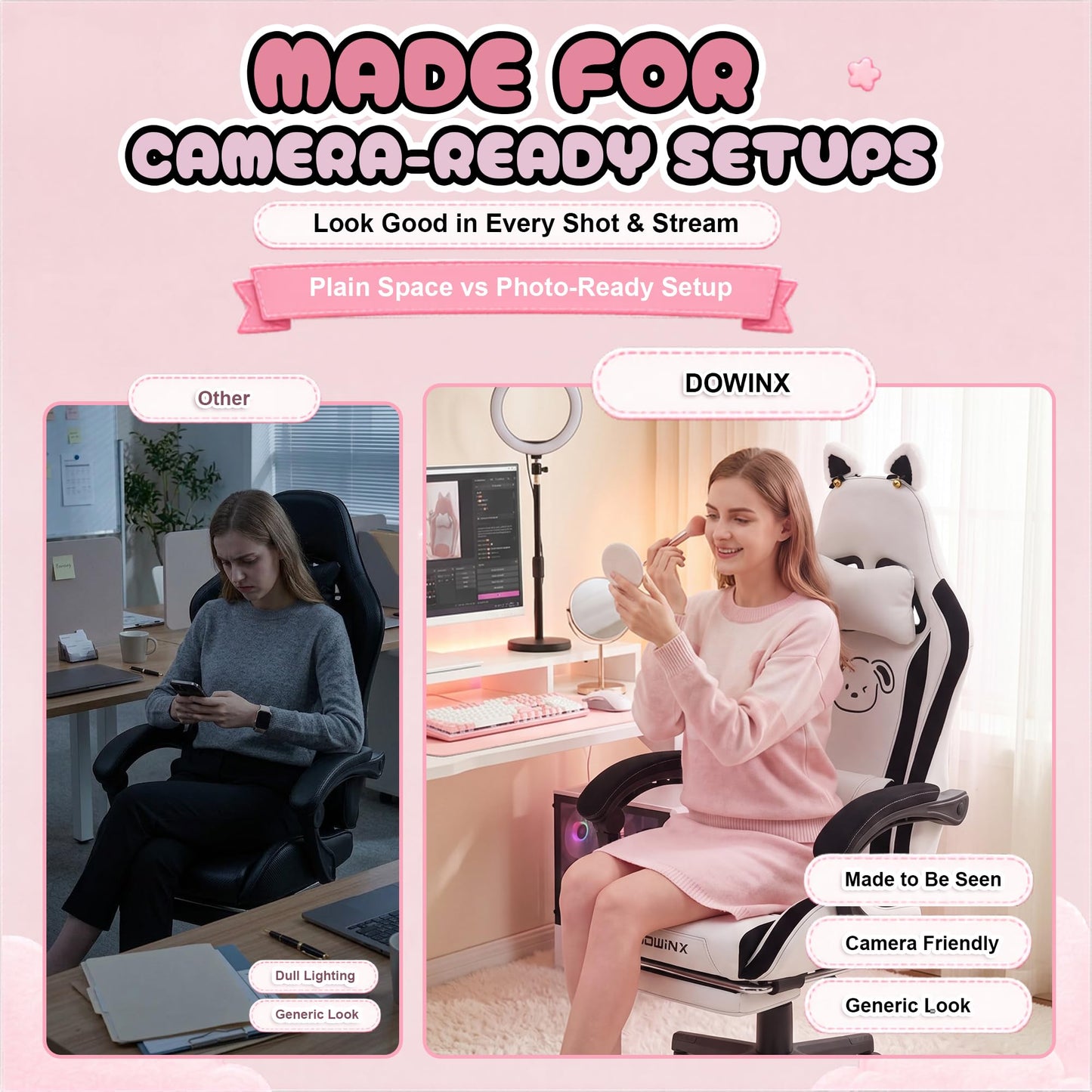 Dowinx Cat Ear Gaming Chair for Adults, Ergonomic Computer Chair with Massage Lumbar Support, Reclining Gamer Chair with Footrest and Headrest, 290 lbs