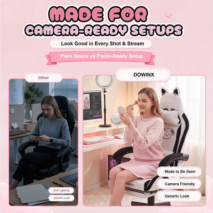 Dowinx Cat Ear Gaming Chair for Adults, Ergonomic Computer Chair with Massage Lumbar Support, Reclining Gamer Chair with Footrest and Headrest, 290 lbs