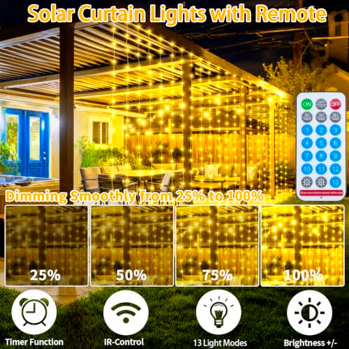 Curtain Lights Outdoor 10x10Ft 300LED Hanging Solar Lights with Solar & USB-C Charging 13 Modes Dimmable Waterproof Remote Twinkle Fairy String Light for Gazebo Patio Christmas Yard Pavilion Pergola