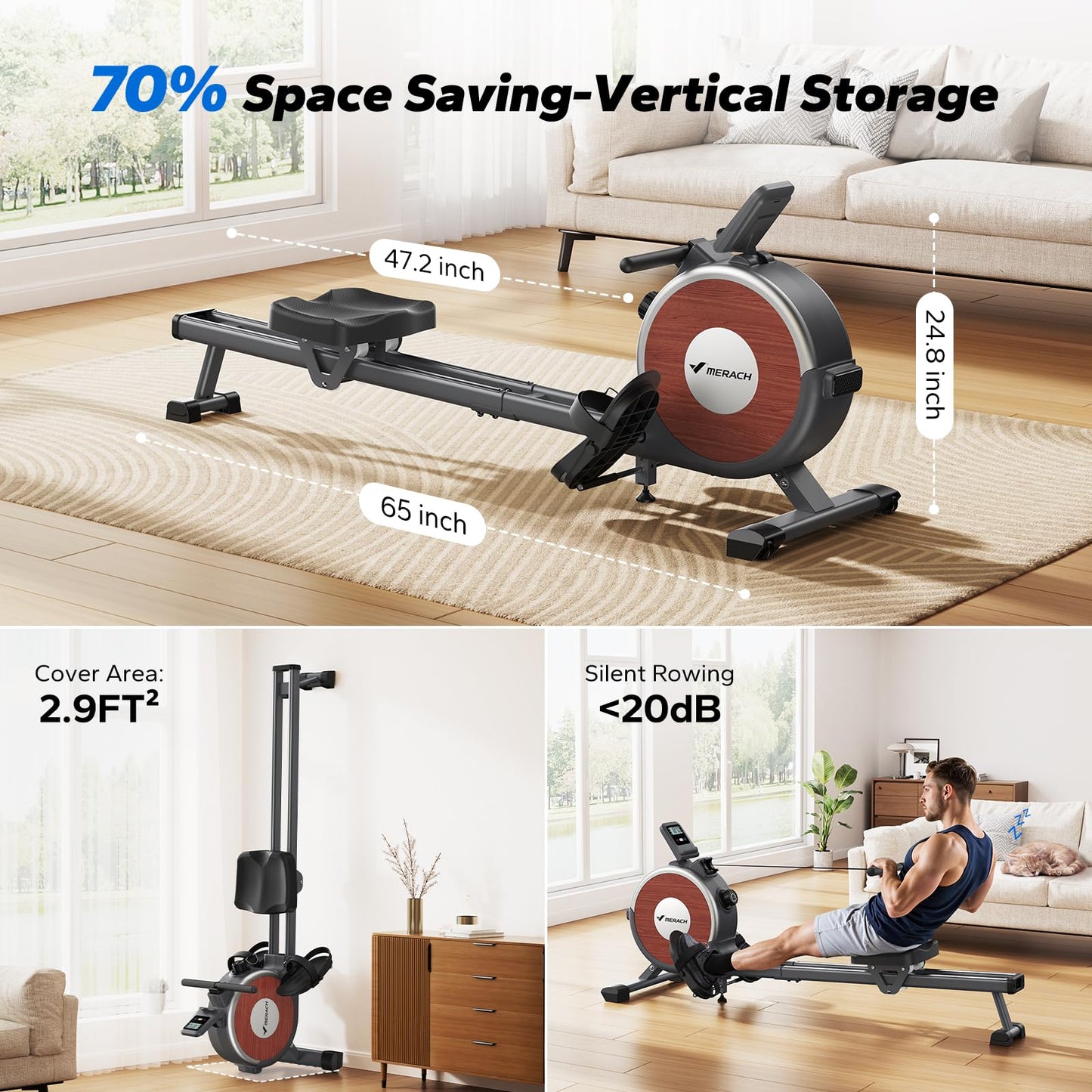 Rowing Machine, MERACH Bluetooth Magnetic Rower Machine with Dual Slide Rail, 16 Levels of Electromagnetic Resistance, Max 350lb Weight Capacity, App Compatible, Rowing Machines for Home Use