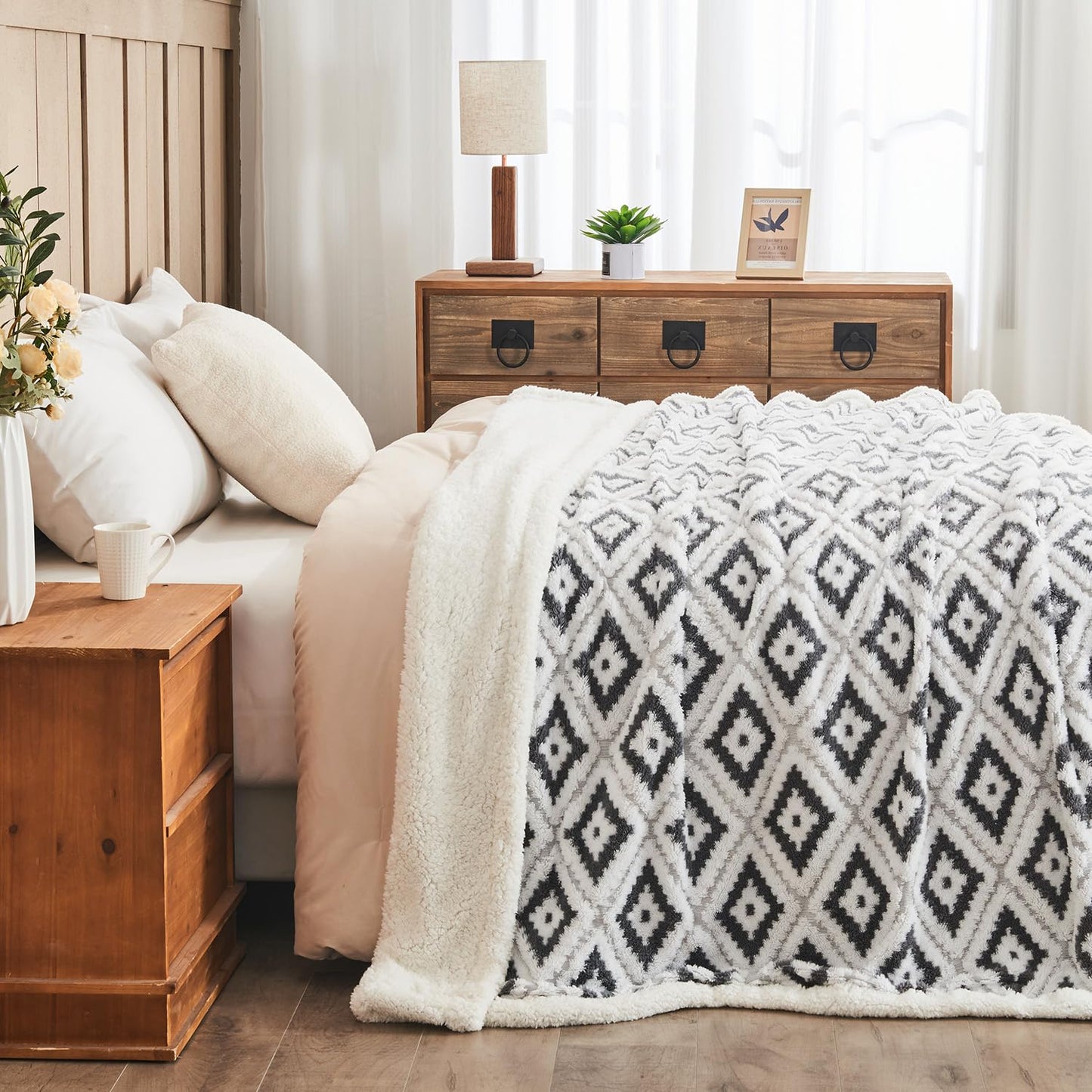 Lotus Karen Sherpa Throw Blankets for Couch Thick and Warm Blanket for Winter Soft Fuzzy Cozy Fluffy Blanket for Sofa Diamond Jacquard Grey 50"x60"