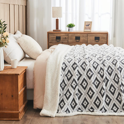 Lotus Karen Sherpa Throw Blankets for Couch Thick and Warm Blanket for Winter Soft Fuzzy Cozy Fluffy Blanket for Sofa Diamond Jacquard Grey 50"x60"