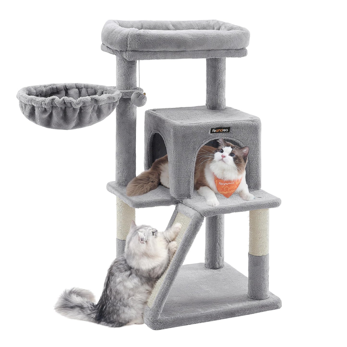 Feandrea Cat Tree, Small Cat Tower with Widened Perch for Large Cats Indoor, Kittens, 96 cm Multi-Level Cat Condo, Scratching Posts and Ramp, 2-Door Cat Cave, Cat Basket, Light Gray UPCT51W