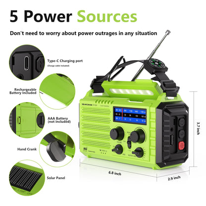 Emergency Weather Radio, Hand Crank Solar Powered 5000mAh/18500mWh AM/FM/SW Radio, NOAA Certified, Phone Charger, Flashlight/Reading Lamp, Compass, SOS for Indoor Outdoor Camping Earthquakes Survival