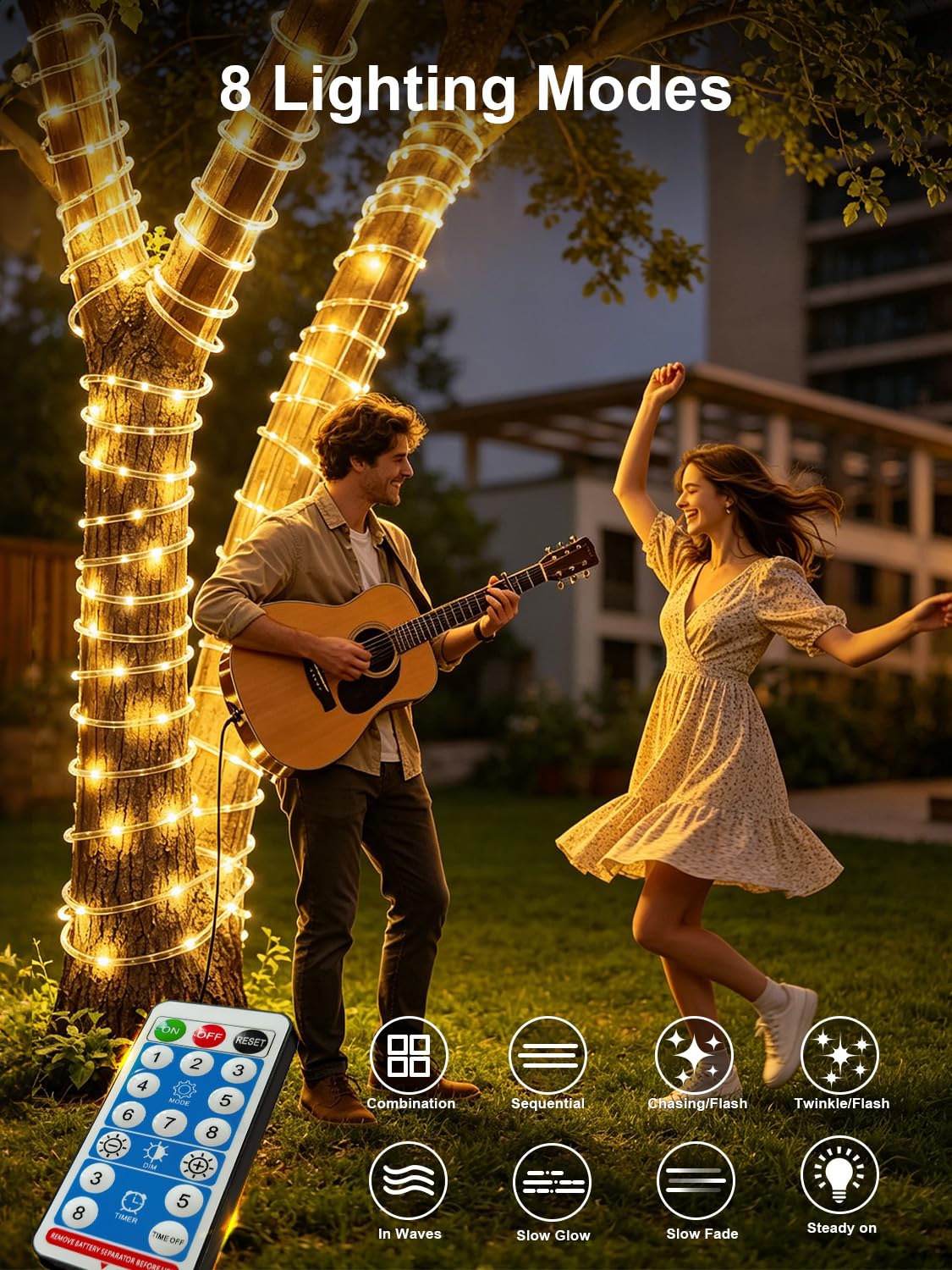 DREAMLAND 66FT Solar Rope Lights, Outdoor String Lights with Remote Control, 200 LED Tube Tree Lights IP65 Waterproof, 8 Lighting Modes Patio Garden Party Wedding Christmas Decorations, Warm White