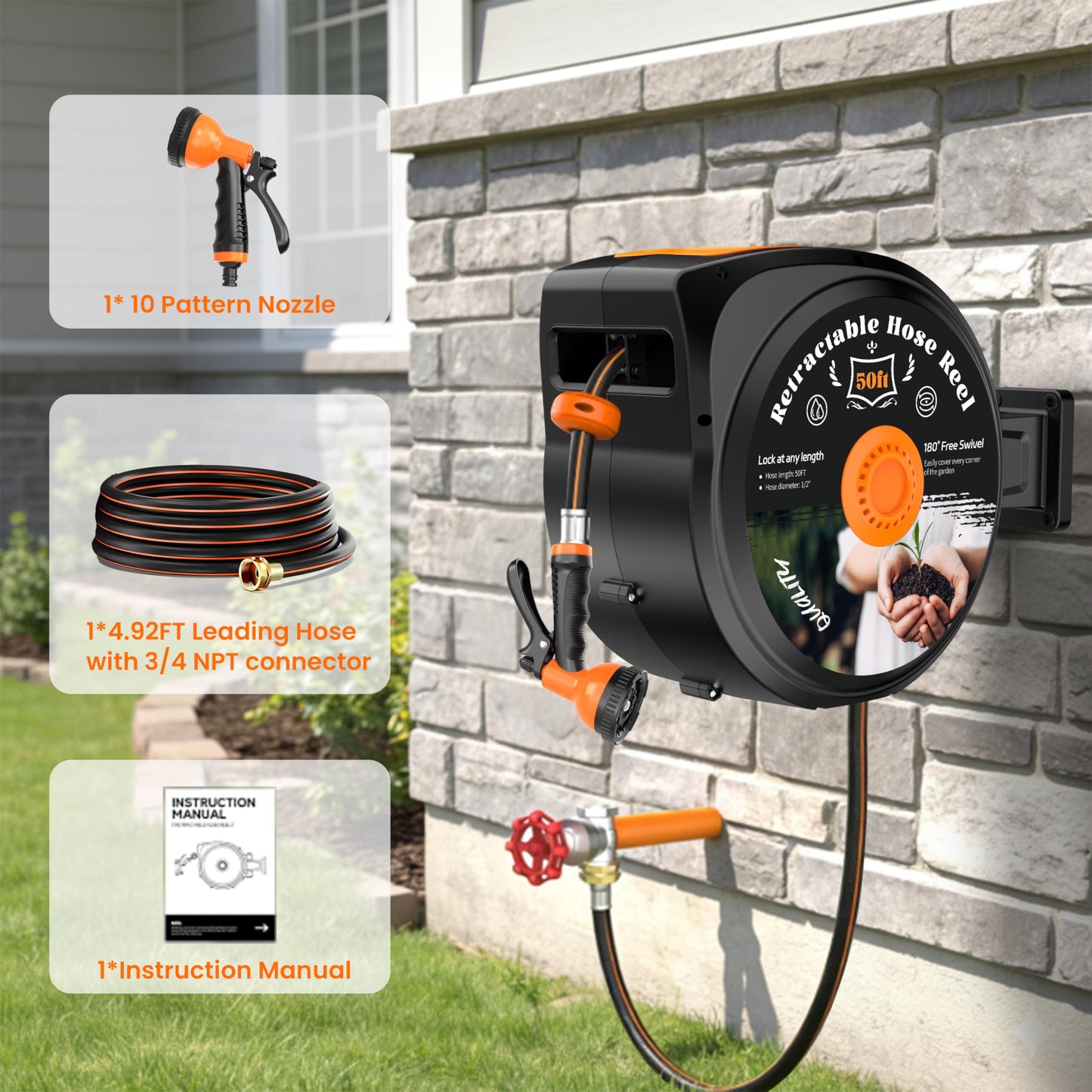 Retractable Garden Hose Reel, 1/2 in x 50 ft Wall Mounted Hose Reel