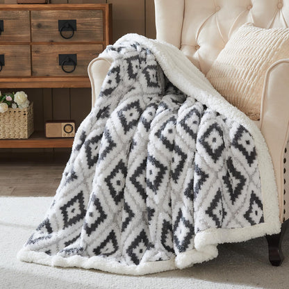 Lotus Karen Sherpa Throw Blankets for Couch Thick and Warm Blanket for Winter Soft Fuzzy Cozy Fluffy Blanket for Sofa Diamond Jacquard Grey 50"x60"