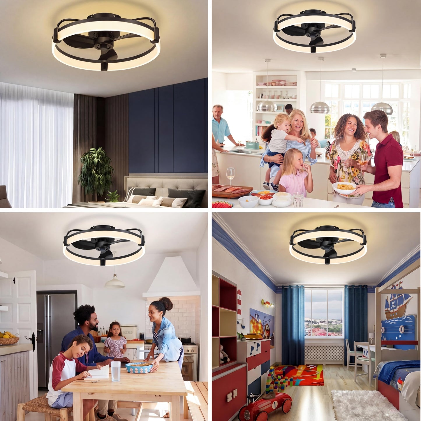 Teilybao Ceiling Fans with Lights for Bedroom Kitchen Room Ceilings, LED Dimmable Bladeless Flush Mount Low Profile Ceiling Fan Light with Remote, 6 Wind Speeds, Timer Setting, 3000-6000K - Black 20''