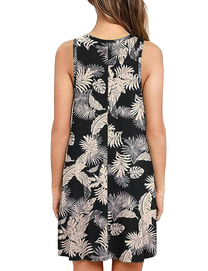 AUSELILY Summer Dress for Women Casual Sleeveless Sundress Beach Cover Up Tank Dresses with Pockets(Rainforest Leaf-S)