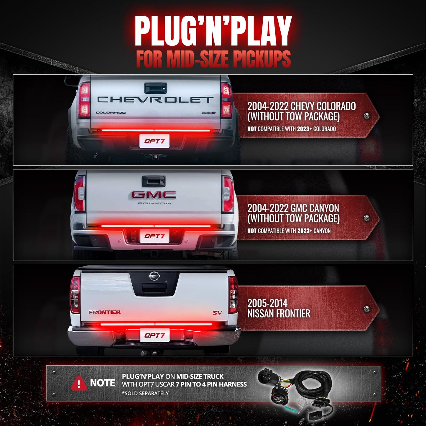 OPT7 48'' Redline Triple Row LED Tailgate Light Bar w/Sequential Red Turn Signal - Weatherproof Rigid Aluminum Frame Light Strip for Maverick Colorado - Full Function Reverse Brake Running