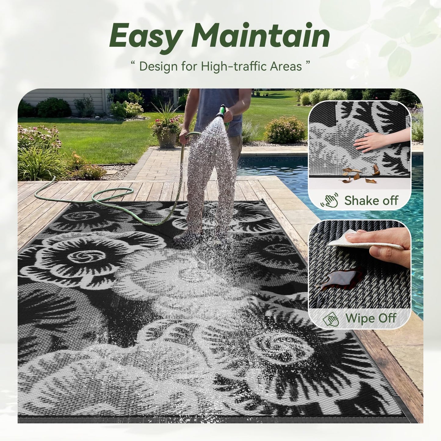 COCOER-Outdoor Rug-Patio Rug 5x8 ft Waterproof Outdoor Patio Rug Picnic Mat Outside for Courtyard Deck Balcony Backyard Reversible Portable Tapis Exterieur Black White Floral