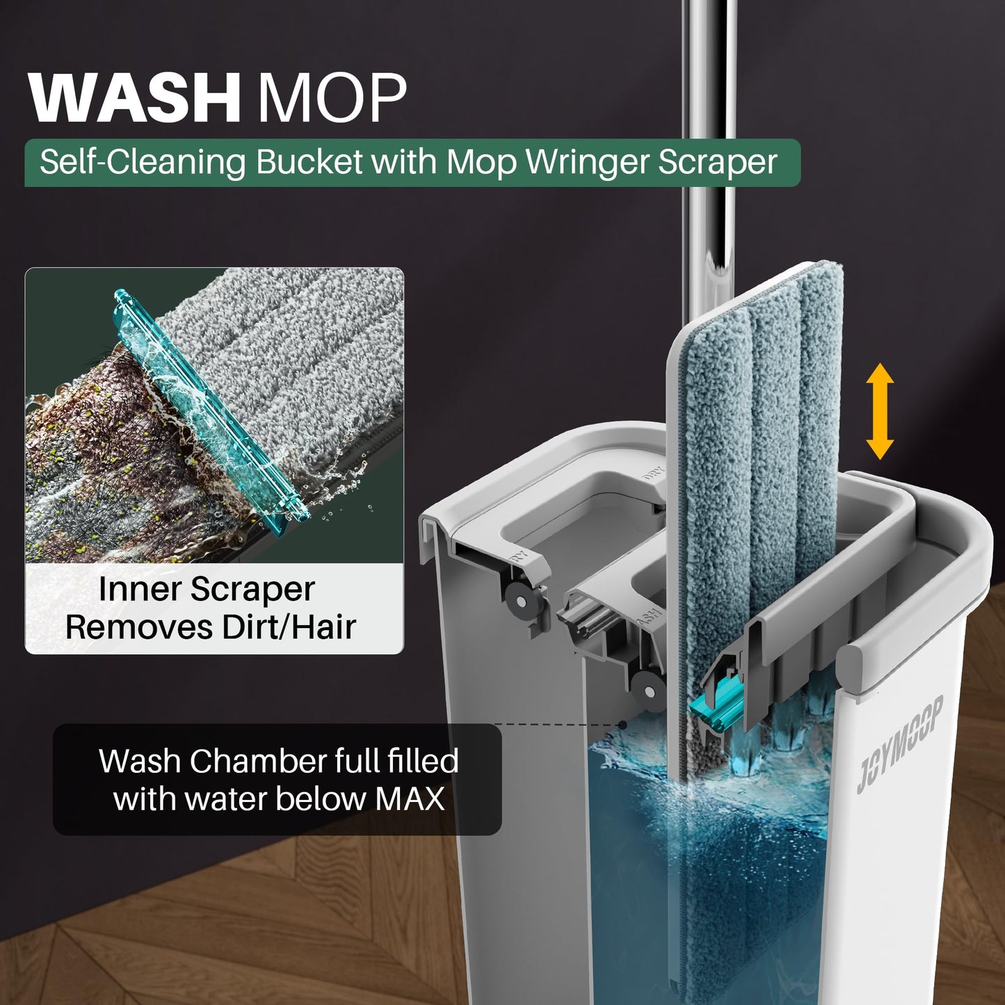 JOYMOOP Hands Free Flat Floor Mop and Bucket with Wringer Set, 3 Washable Microfiber Mops, Wet and Dry Use, Floor Cleaning System