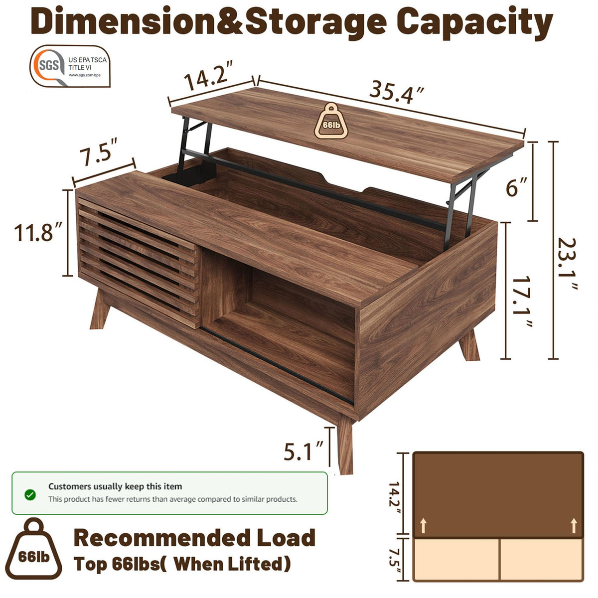 HAIOOU Lift Top Coffee Table with Storage for Living Room 35.4" Walnut