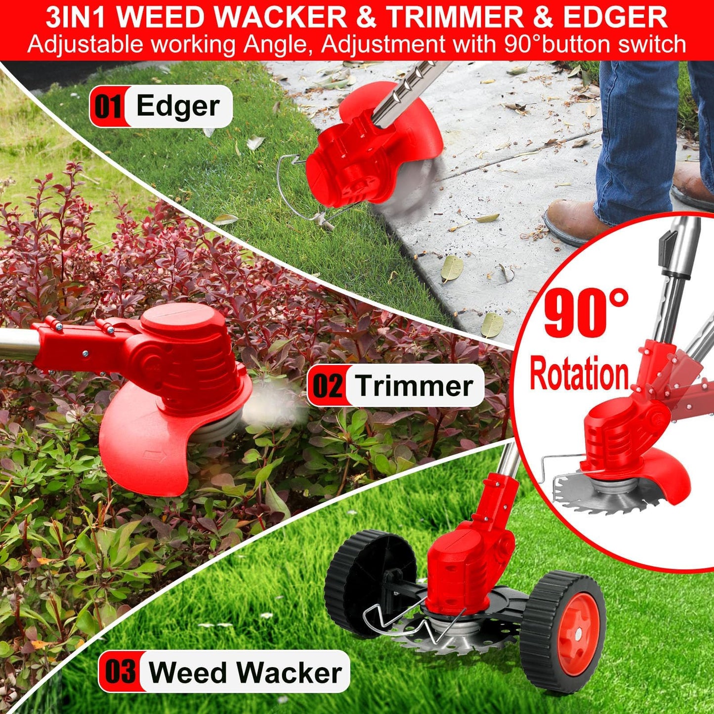 21V Cordless Weed Wacker for Women Seniors Lightweight Grass Trimmer – Includes 2 Batteries and Wheels 3-in-1 Weed Trimmer Edger Brush Cutter for Thick Grass, Small Yards, Gardens, and Fences