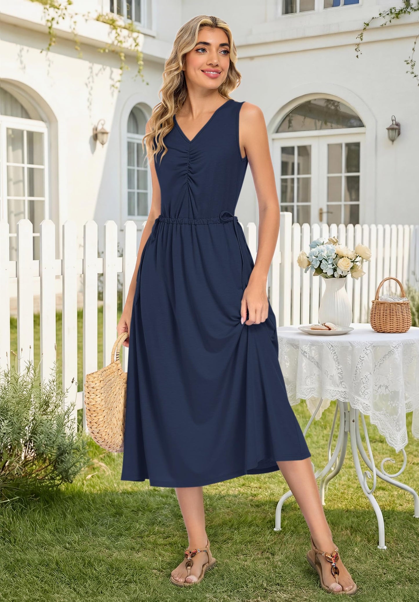 MISFAY Women's Maxi Dress Drawstring Long Dress Summer Cruise Wear Beach Sundresses with Pockets, Navy Blue, XL