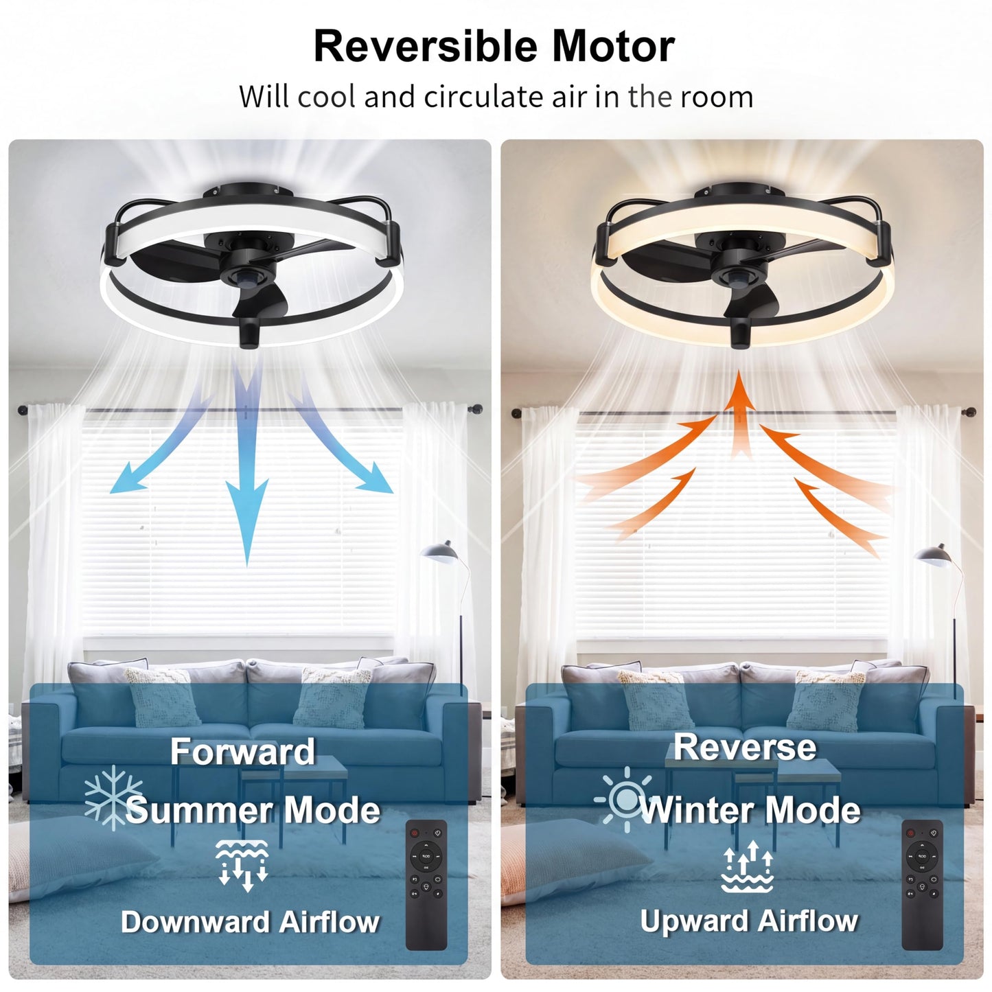 Teilybao Ceiling Fans with Lights for Bedroom Kitchen Room Ceilings, LED Dimmable Bladeless Flush Mount Low Profile Ceiling Fan Light with Remote, 6 Wind Speeds, Timer Setting, 3000-6000K - Black 20''
