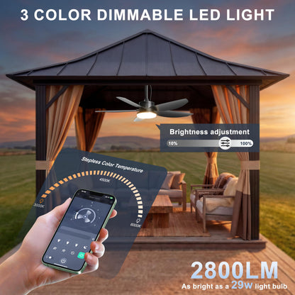 Phylluz 42 Inch Waterproof Outdoor Ceiling Fan with Light, Modern Ceiling Fans with 3 Colors LED Light, App & Remote Control, Quiet DC Motor, for Patios Gazebo, Black
