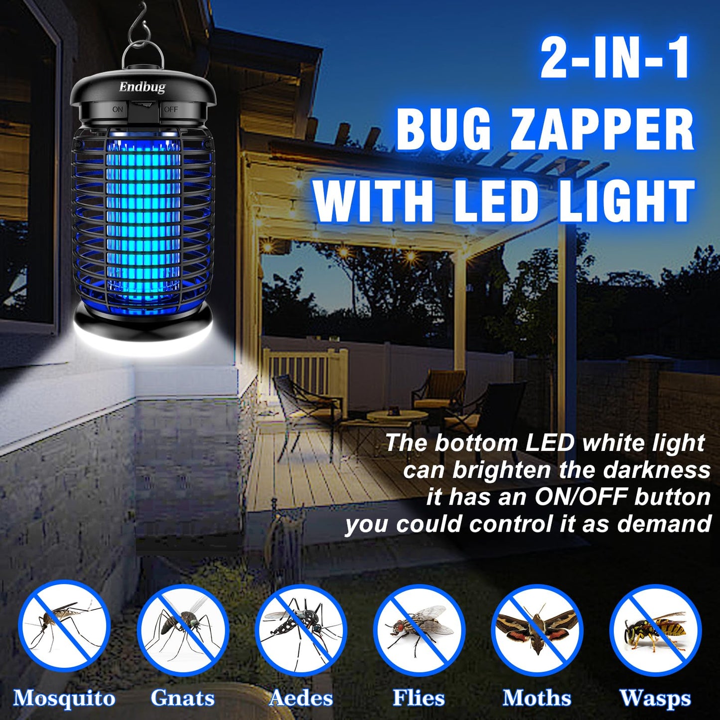 Endbug Bug Zapper Outdoor with LED Light, 4200V Mosquito Zapper Outdoor, IPX5 Waterproof Electric Bug Zapper, 2-in-1 Fly Zapper Fly Trap Indoor Outdoor for Patio Garden Backyard Home, Plug in