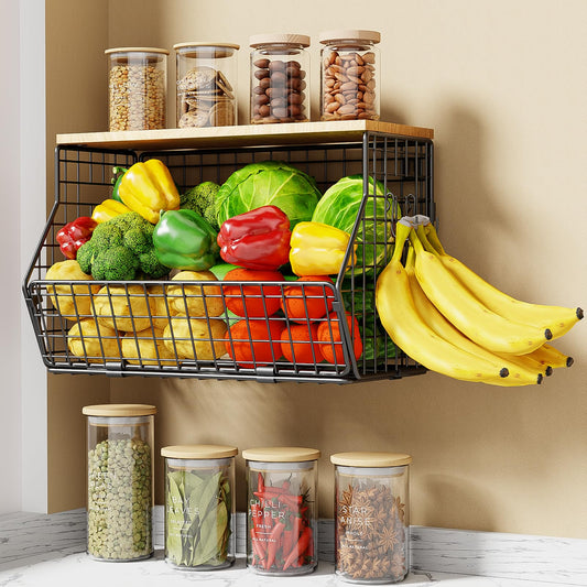 Goovilla Wire Fruit Basket Metal, Kitchen Hanging Fruit Bowl with 3 Banana Hanger, Kitchen Countertop Rack with Wood Lid, Wall mounted Storage Baskets for Vegetables, Bread