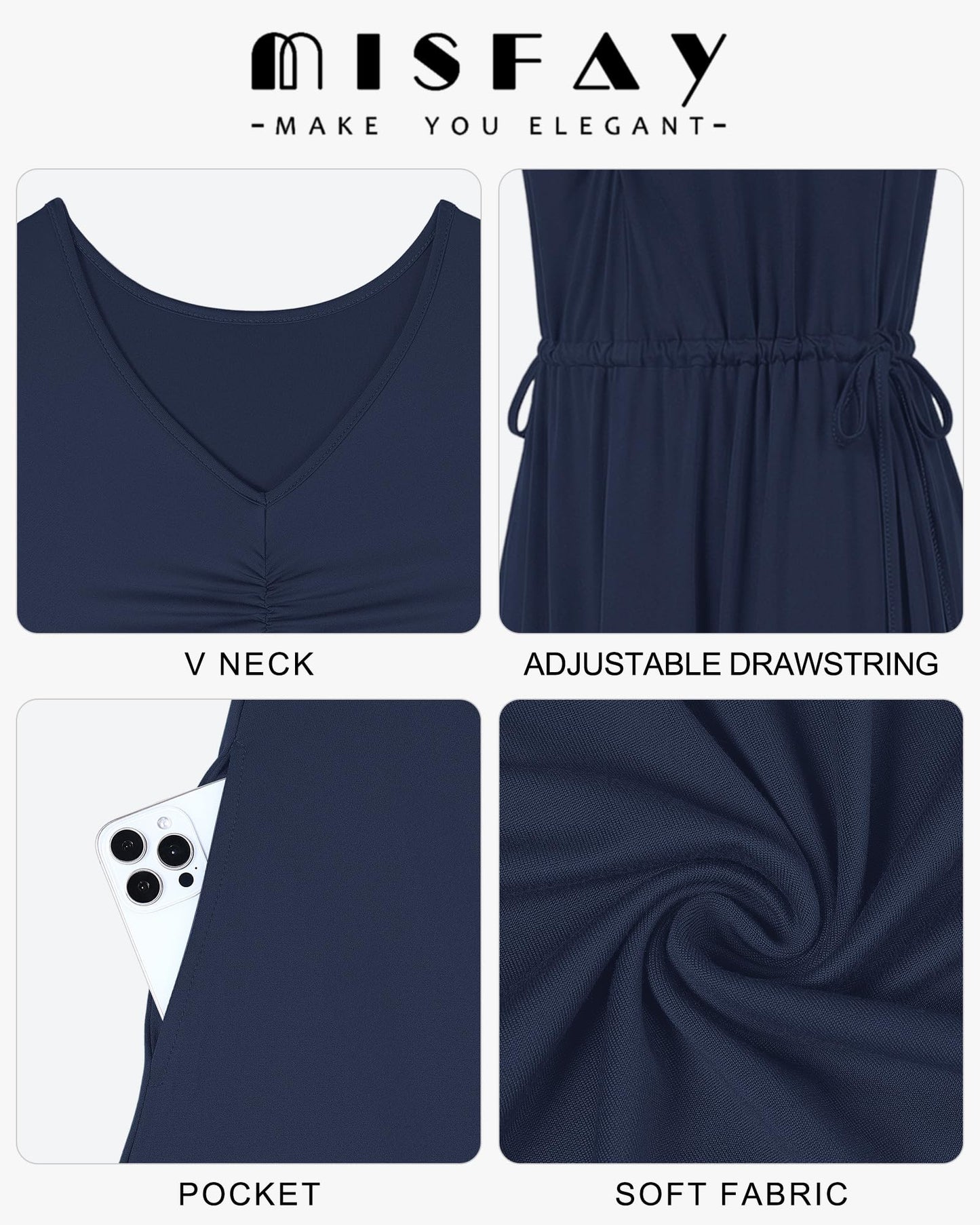 MISFAY Women's Maxi Dress Drawstring Long Dress Summer Cruise Wear Beach Sundresses with Pockets, Navy Blue, XL